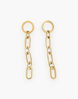 Malley Gold Plated Drop Chain Earrings featuring a stylish, water-resistant design. Crafted with triple-plated 14kt gold over stainless steel for durability.
