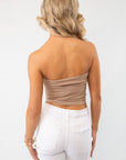 Back view of mocha double-layered tube top, showcasing its seamless fit. Ideal for layering or wearing alone.