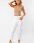 Full-body view of mocha double-layered tube top paired with white jeans and beige platform sandals. A stylish casual outfit.