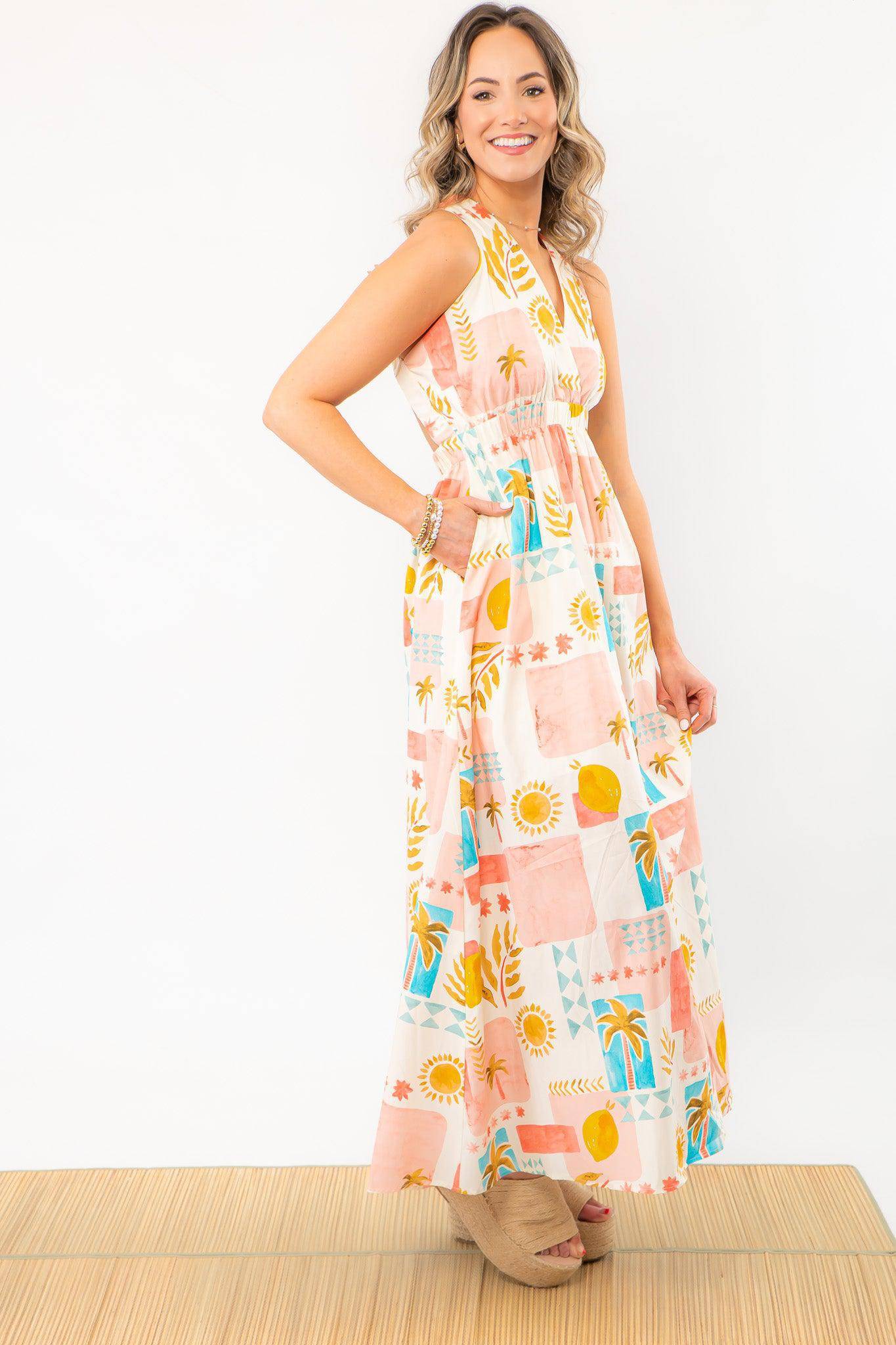 Elegant Moroccan Coast Tile Print V-Neck Maxi Dress with a flattering silhouette, perfect for summer vacations and resort-ready fashion.