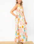 Elegant Moroccan Coast Tile Print V-Neck Maxi Dress with a flattering silhouette, perfect for summer vacations and resort-ready fashion.