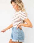 Side view of the Next Up Taupe Striped Knit Crop Top, highlighting its snug fit and soft knit fabric, perfect for layering or wearing alone.