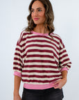 Niki Burgundy & Pink Stripe Short Sleeve Sweatshirt