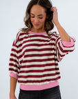 Lightweight yet warm fall sweatshirt for layering, striped short sleeve sweatshirt with pops of color