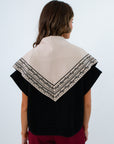 Neutral fall scarf with all-over paisley pattern and dotted print, black and cream triangle knit scarf, fall accessories