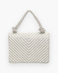 Pearl studded rhinestone handle clutch bag with a chevron pattern, featuring a structured design and elegant detailing for a sophisticated look.
