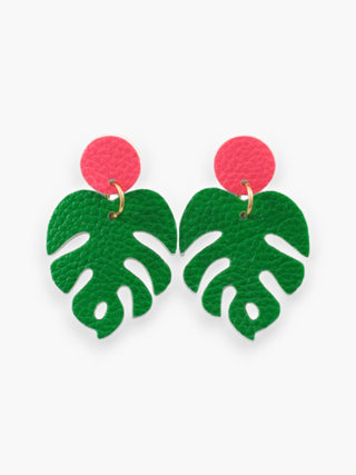Pink & Green Leather Monstera Leaf Earrings-Golden Stella-L. Mae Boutique
