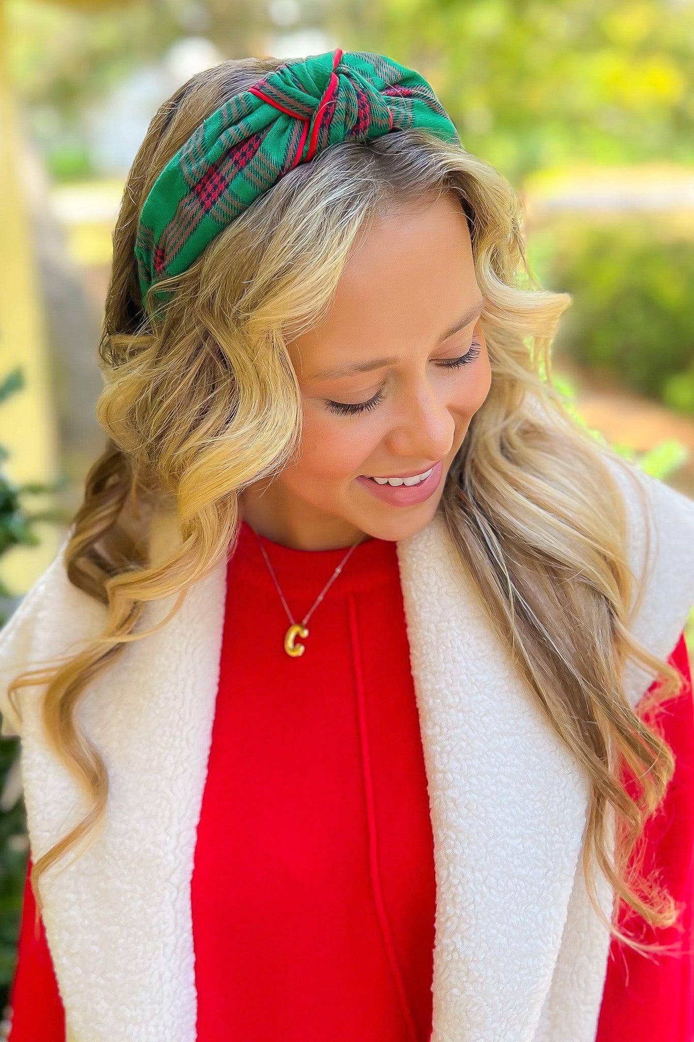 Plaid Christmas Knotted Headband Cute Holiday Hair Accessory – L