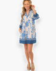 Chic and breezy Priscilla Blue Print Kaftan Dress, perfect for casual outings or vacation wear, styled with a relaxed fit and elegant blue detailing.