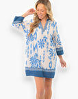 Effortlessly stylish Priscilla Blue Print Kaftan Dress with a relaxed fit, ideal for beach getaways or casual spring outings.