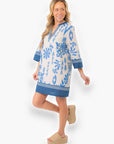 Model wearing the Priscilla Blue Print Kaftan Dress with wedge sandals, showcasing its versatile and fashionable vacation-ready design.
