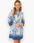 Priscilla Blue Print Kaftan Dress with intricate blue floral patterns on a white background, featuring a V-neckline and three-quarter sleeves.