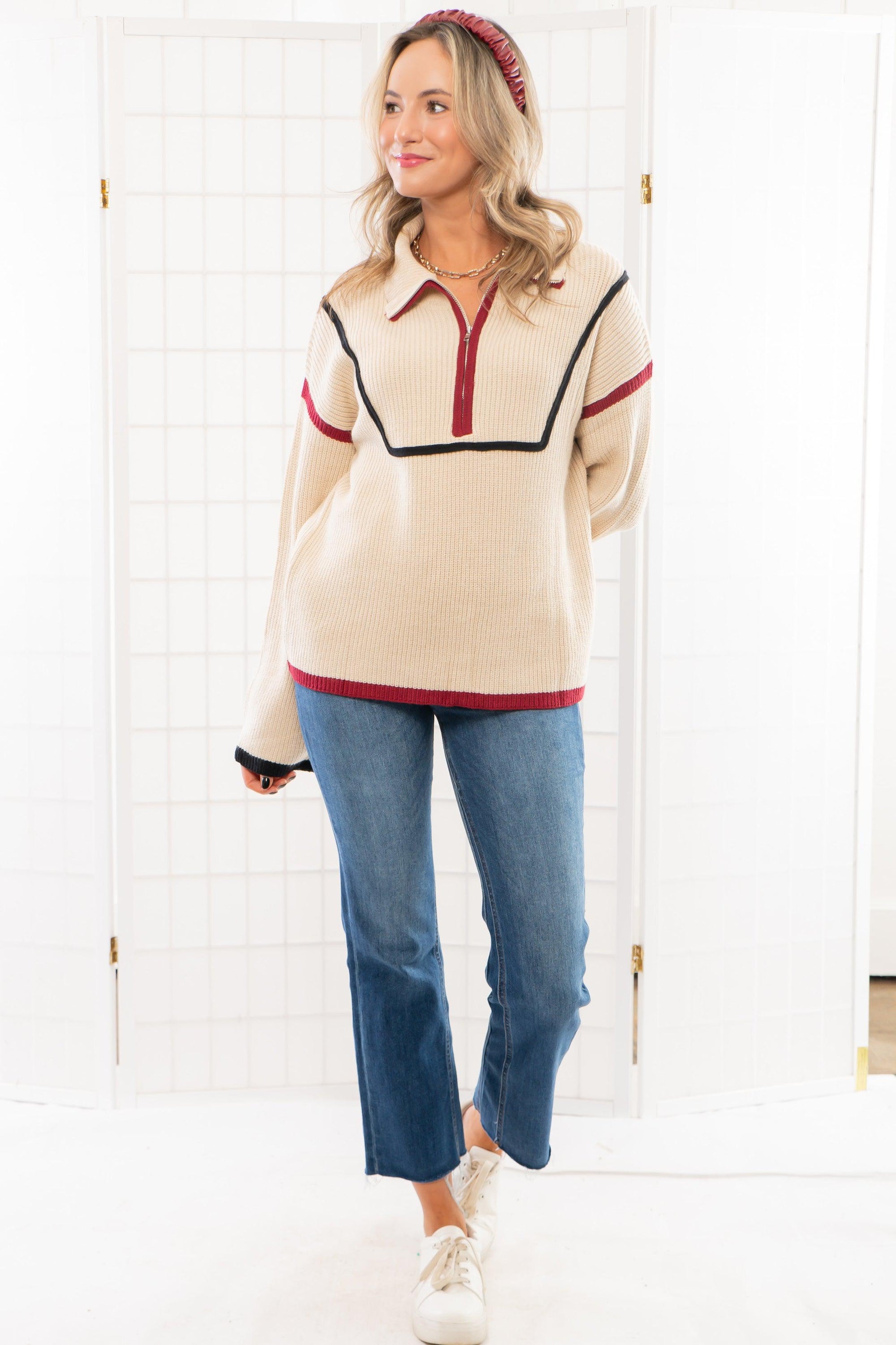 Stylish Quarter Zip Sweater in garnet and black with contrast detailing. A comfortable knit sweater perfect for layering and everyday wear.
