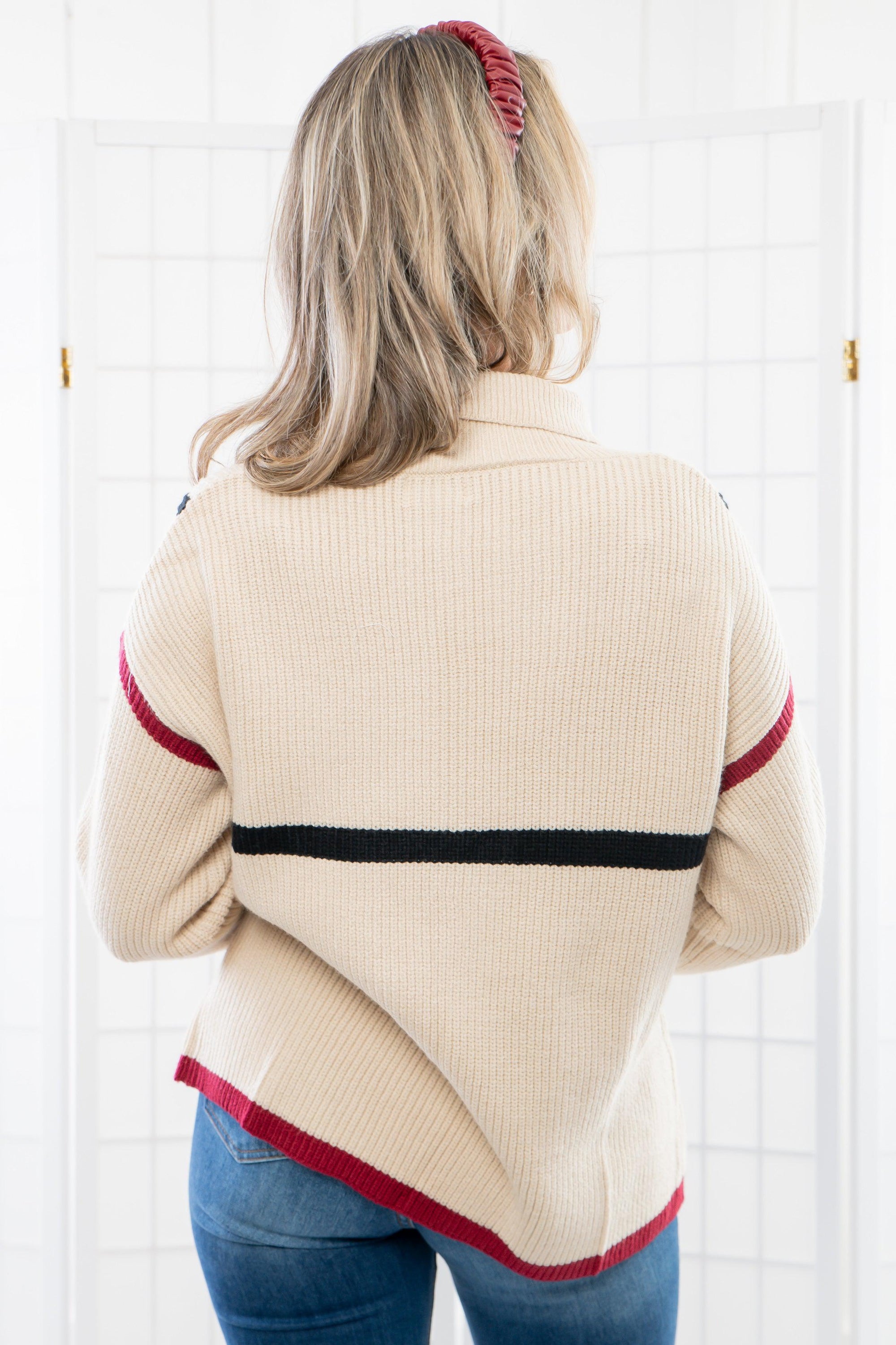Back view of the garnet and black Quarter Zip Sweater showcasing contrast piping. A stylish knit sweater perfect for layering in cool weather.