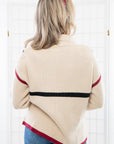 Back view of the garnet and black Quarter Zip Sweater showcasing contrast piping. A stylish knit sweater perfect for layering in cool weather.
