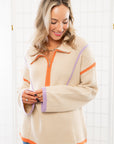 Quarterback Keeper Orange and Purple Contrast Quarter Zip Sweater-Tops-Lula the Label-L. Mae Boutique & Wild Mabel Clothing