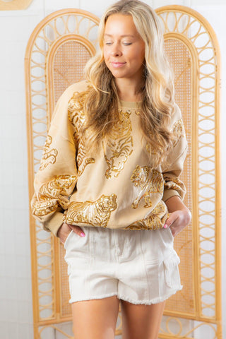 Queen of Sparkles All Over Tiger Beige Sweatshirt-Queen of Sparkles-L. Mae Boutique