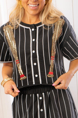 Queen of Sparkles Black & White Baseball Pinstripe Button Up Top-Queen of Sparkles-L. Mae Boutique