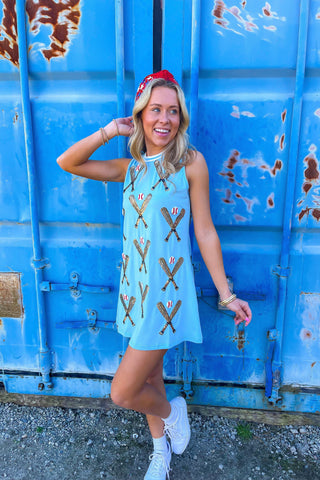 Queen of Sparkles Blue Scattered Baseball Bat Tank Dress-Queen of Sparkles-L. Mae Boutique