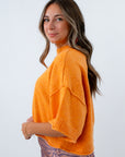 Vibrant heathered knit sweater with high neckline, Trendy yellow-orange fall sweater for women