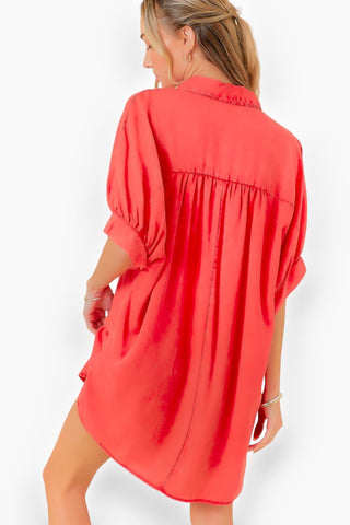 Red Washed Oversized Button Down Shirt Dress-day + moon-L. Mae Boutique