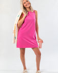 Z Supply Island Pink Sloane Jersey Mini Dress – Casual Chic sleeveless high-neck dress styled with neutral loafers and a light sweater for summer.