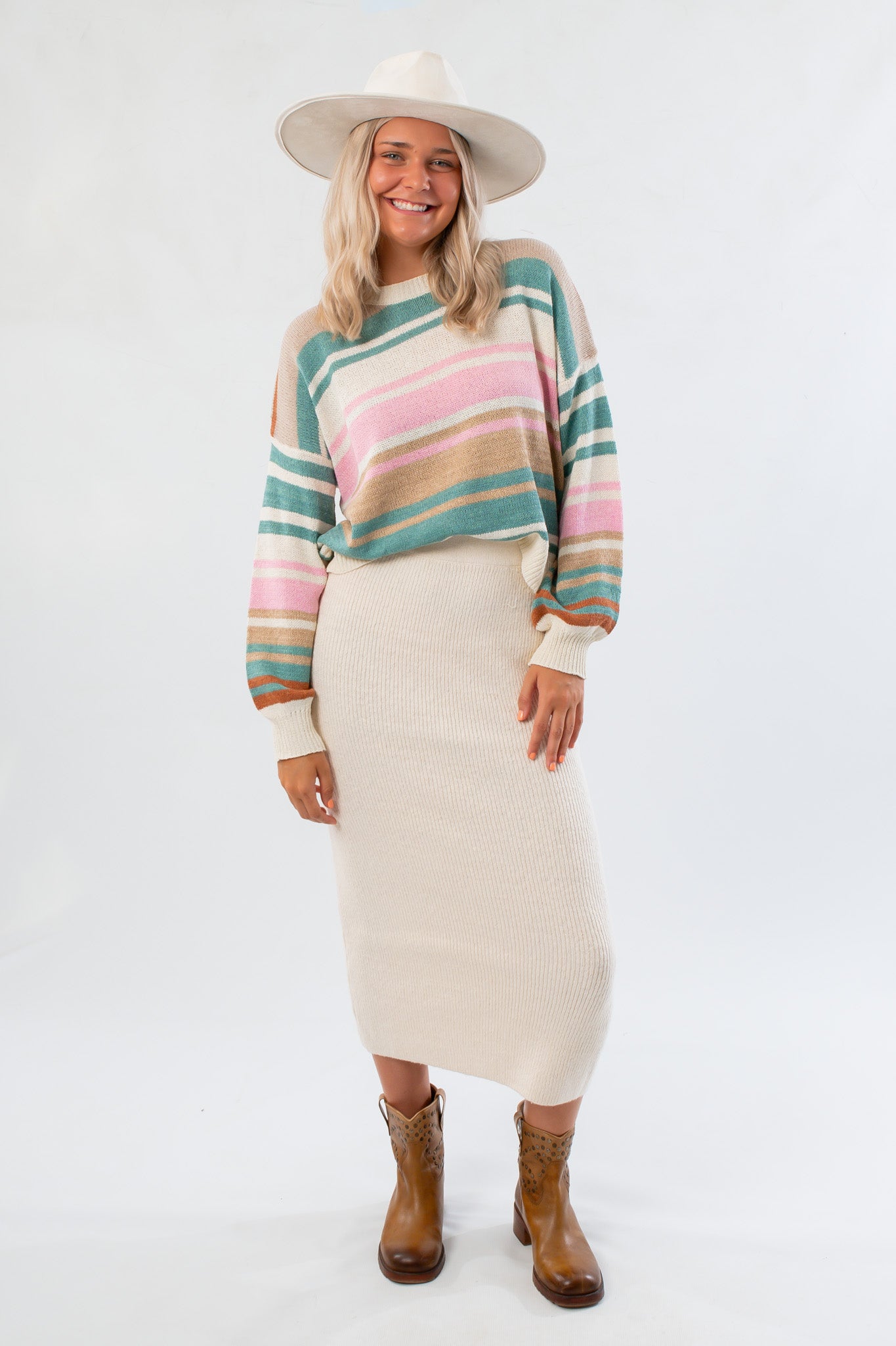 Esther Blue Striped Knit Long Sleeve Sweater