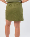 Back view of THML Olive Green Skort with elastic waistband detail. A stylish and comfortable skort for versatile wardrobe styling.