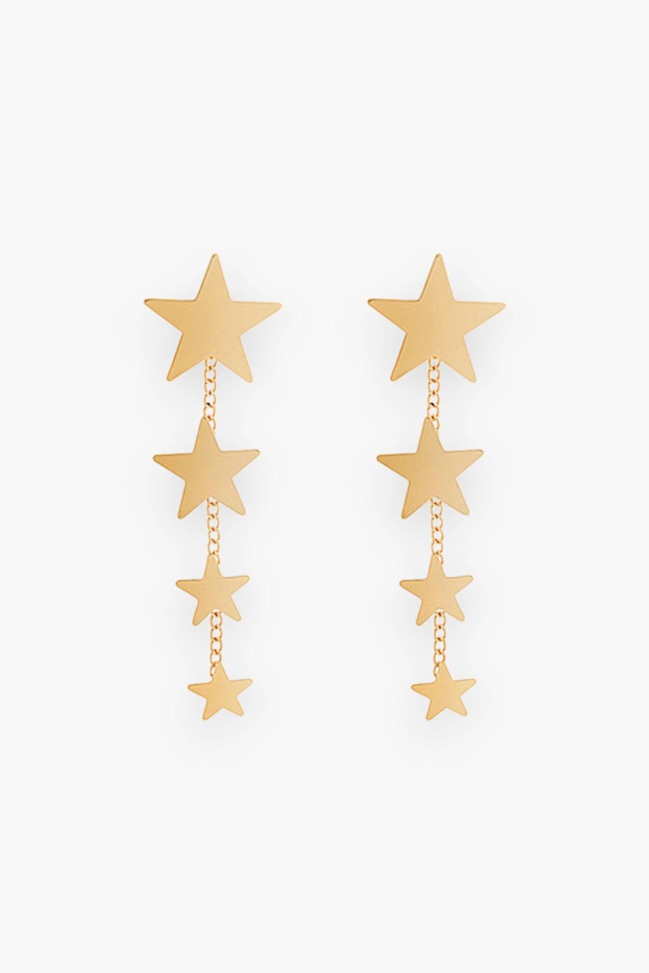 Lightweight gold star dangle earrings featuring a cascading four-star design with delicate chain links, ideal for festive or everyday wear.