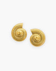 Seashell Swirl Gold-Plated Earrings with a ribbed shell design, triple-plated in 18K gold. Water-resistant and perfect for ocean lovers.