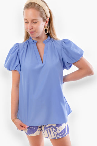 See You Soon Blue Puff Sleeve Ruffle Neck Top-Entro-L. Mae Boutique