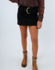 Soft faux suede skirt with attached belt, black mini skirt, black suede mini skirt, Show Me Your Mumu Black Suede mini skirt
