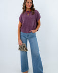 Cozy purple textured knit top for fall Clemson game day, Lightweight short sleeve knit top for LSU game day