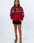 Oversized garnet sweatshirt with plaid Carolina lettering, University of South Carolina sweatshirt, garnet sweatshirt, gamecocks sweatshirt