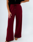 Burgundy lounge pants with 4-way stretch, Spanx Airessentials Wide Leg Pant in burgundy wine color, garnet lounge pants