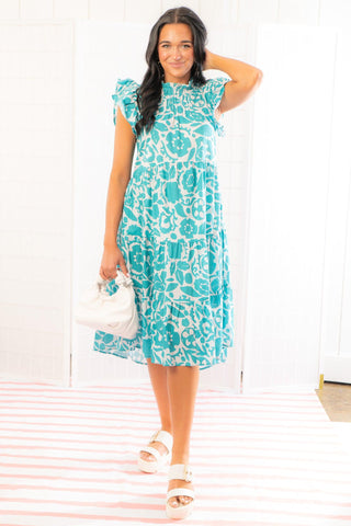 Spring Blossoms Teal Tiered Midi Dress-Pinch-L. Mae Boutique