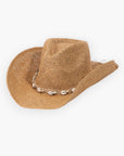 Coastal Vibes Puka Shell Straw Cowboy Hat featuring a woven straw design with seashell embellishments. Perfect for beach outings and festival fashion.