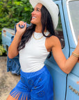 Studded Out Royal Blue Embellished Suede Fringe Shorts-Bottoms-Vocal-L. Mae Boutique & Wild Mabel Clothing