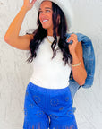 Studded Out Royal Blue Embellished Suede Fringe Shorts-Bottoms-Vocal-L. Mae Boutique & Wild Mabel Clothing