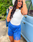 Studded Out Royal Blue Embellished Suede Fringe Shorts-Bottoms-Vocal-L. Mae Boutique & Wild Mabel Clothing