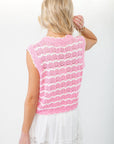 Back view of the Sweet As Can Be Pink Crochet Open Front Tie Vest, highlighting the delicate open-knit crochet design and scalloped edges.
