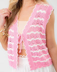 Sweet As Can Be Pink Crochet Open Front Tie Vest featuring delicate scalloped crochet details and a sleeveless design for effortless bohemian chic.