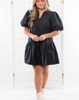 THML Black Puff Sleeve V Neck Mini Dress-Dresses-THML-L. Mae Boutique & Wild Mabel Clothing