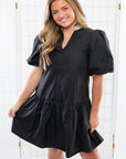 THML Black Puff Sleeve V Neck Mini Dress-Dresses-THML-L. Mae Boutique & Wild Mabel Clothing