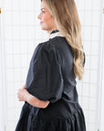 THML Black Puff Sleeve V Neck Mini Dress-Dresses-THML-L. Mae Boutique & Wild Mabel Clothing