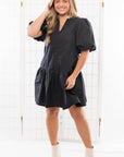 THML Black Puff Sleeve V Neck Mini Dress-Dresses-THML-L. Mae Boutique & Wild Mabel Clothing