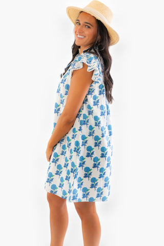 THML Block Print Blue Flower Dress-THML-L. Mae Boutique