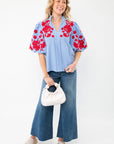 Full outfit featuring THML Blue Gingham Embroidered Top LM styled with wide-leg denim jeans, a white ruched handbag, and woven platform sandals.