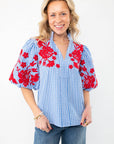 THML Blue Gingham Embroidered Top LM with red floral embroidery on puff sleeves, featuring a V-neckline and short sleeves, styled with denim jeans.