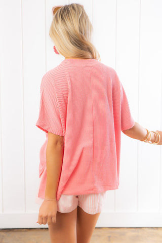 Totally Pink V Neck Ribbed Short Sleeve Top-Tres Bien-L. Mae Boutique